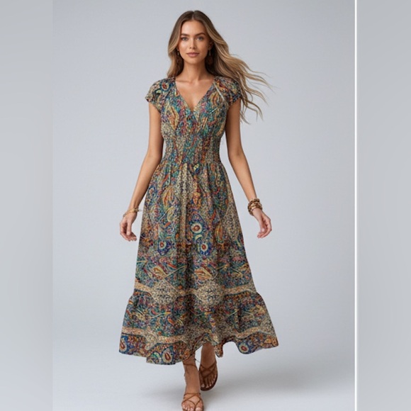 Boho Paisley Shirred Waist Ruffle Hem Maxi Dress Multicolor - Picture 2 of 12